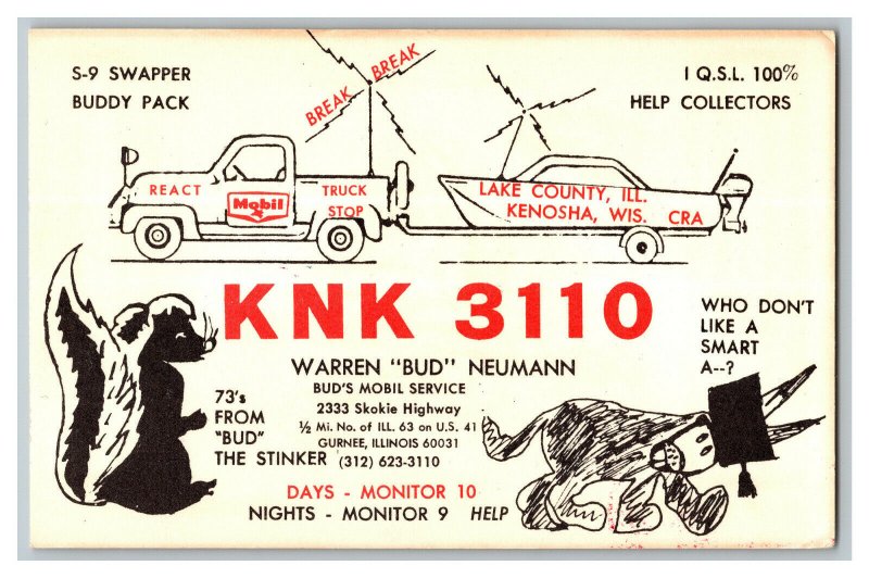 QSL Radio Card From Gurnee Illinois KNK 3110 