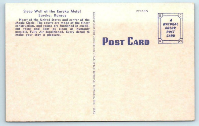 2 Postcards EUREKA, Kansas KS ~ Roadside EUREKA MOTEL ca 1940s Linens