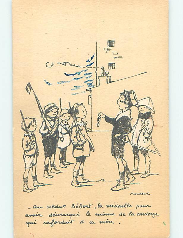 Unused Pre-Linen foreign signed FRENCH KIDS PLAY MILITARY WAR GAMES J4805