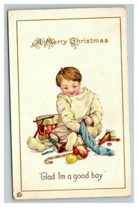 Vintage 1909 Christmas Postcard Good Boy Opens Presents & Stocking on Xmas Day