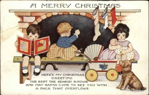 Whitney Arts and Crafts Christmas Children Dog Doll Carriage Vintage Postcard