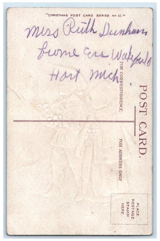 c1910's Christmas Children With Holly Berries Snowfall Winter Embossed Postcard