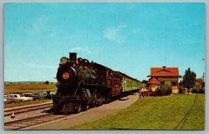 Postcard PA Railroad Route 741 Train At East Strasburg Station Old Cars