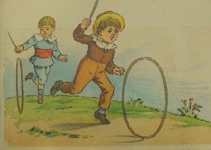 1870's-80's Victorian Trade Card Boys Playing Hoop & Stick *I