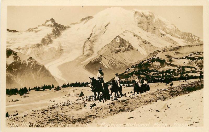 1930s RPPC Postcard; Pack Train in Trail to Dege Peak, Rainier National Park WA