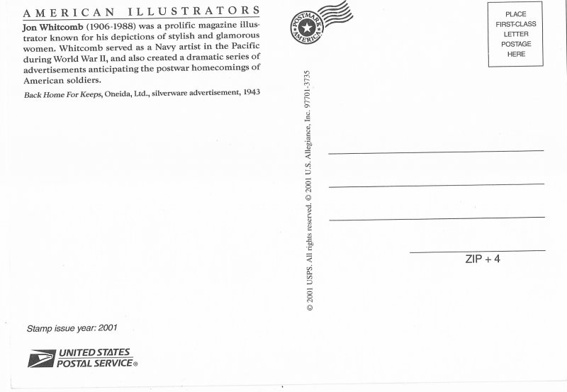 American Illustrators Postal Stamp Issued 2001 Jon Whitcomb 5 by 7 size
