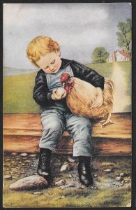 Young Boy in Overalls Holding an Egg & Chicken Used c1909