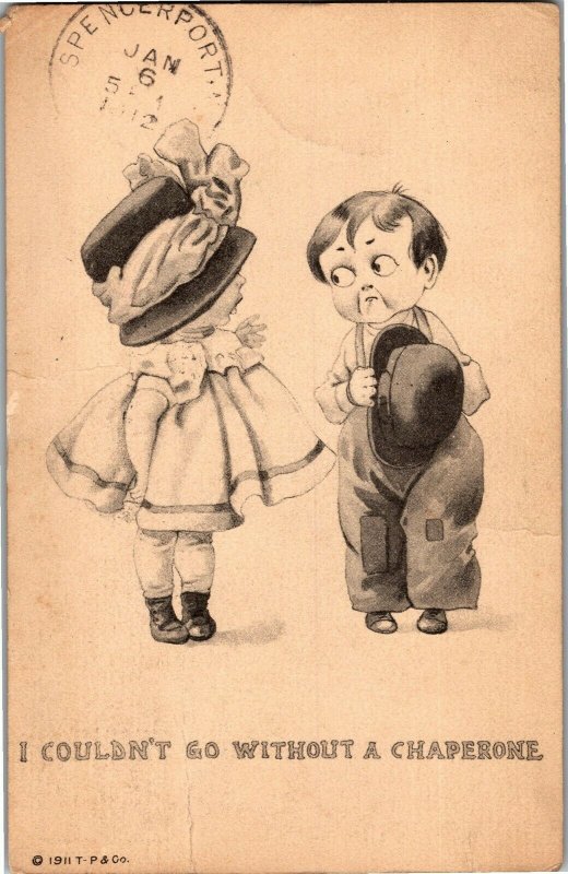 Little Girl to Boy, I Couldn't Go Without a Chaperone c1912 Vintage Postcard A01