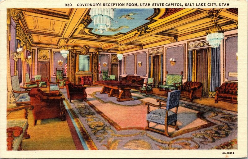 Governors Reception Room Utah State Capitol Salt Lake City UT Linen Postcard VTG 