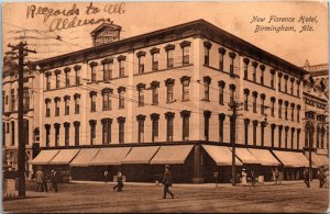 Postcard AL Birmingham New Florence Hotel Street View Streetcar Tracks 1912 S74