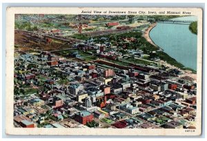 1948 Aerial View Downtown Sioux City Missouri River Train Station IA Postcard 