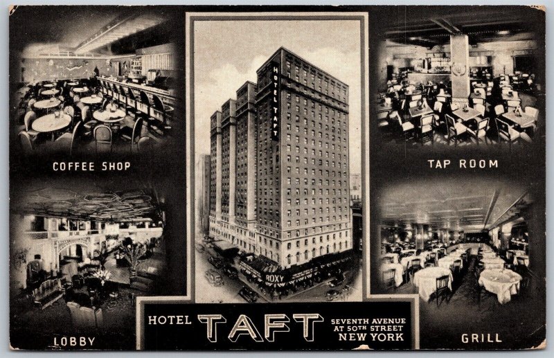 Vtg New York City NY Hotel Taft Lobby Grill Tap Room Coffee Shop 1930s Postcard