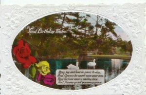 Greetings Postcard - Fond Birthday Wishes - Swans on Lake - RP - Ref 11229A