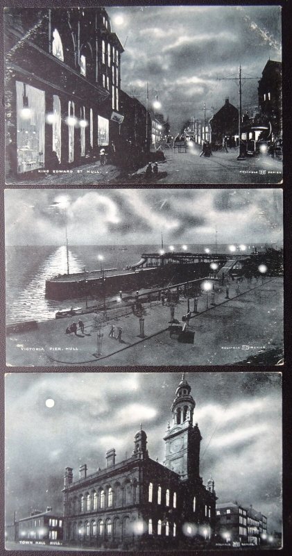 Yorkshire KINGSTON ON HULL BY MOONLIGHT Collection of 3 c1906 Postcard
