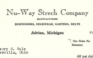 1939 NU-WAY STRETCH CO ADRIAN MICHIGAN SUSPENDERS NECKWEA BILLHEAD INVOICE Z2295