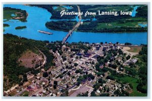 c1950's Greetings From Lansing Aerial View Lake River Bridge Iowa IA Postcard