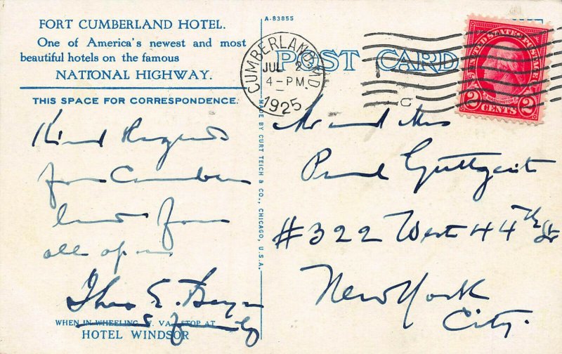 Fort Cumberland Hotel, Cumberland, Maryland, Early Postcard, Used in 1925