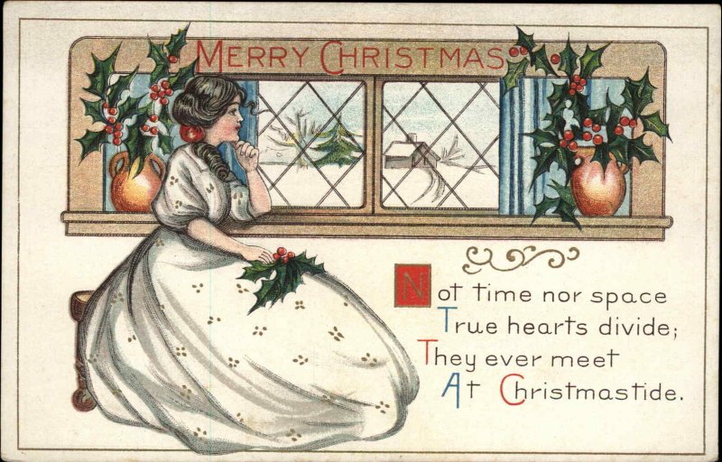 WWI Era Christmas Beautiful Woman Sits at Window Alone Vintage Postcard