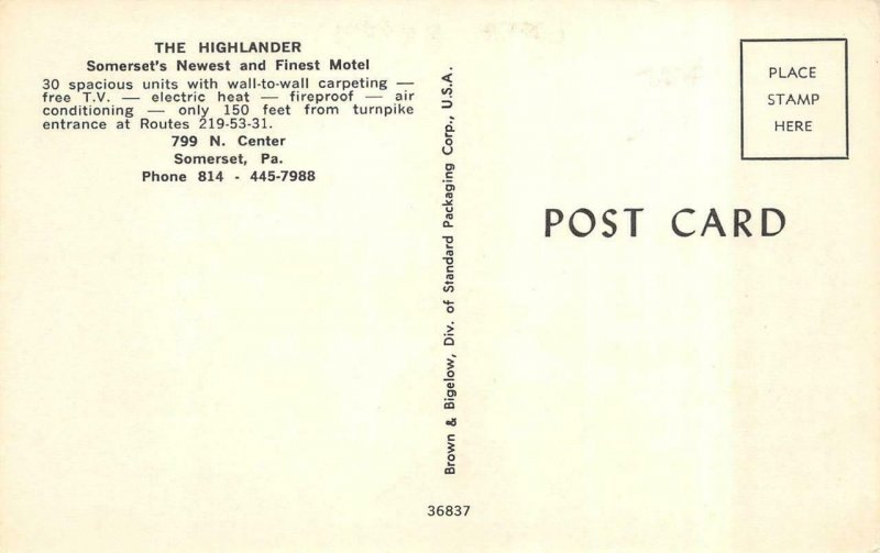 SOMERSET, PA Pennsylvania  HIGHLANDER MOTEL  Roadside  c1960's Chrome Postcard