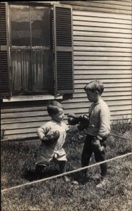 Cute Kids Make-Shift Boxing Ring Gloves East Barnet VT Cancel RPPC Postcard