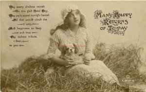 Greetings Card, Many Happy Returns, Woman with Dog, RPPC