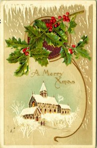 Church in Snow Holly Berries Icicles embossed Christmas Postcard