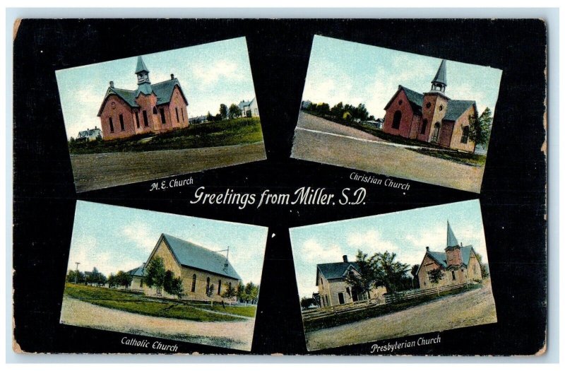 1910 Greetings From Multiview Churches Exterior Miller South Dakota SD Postcard