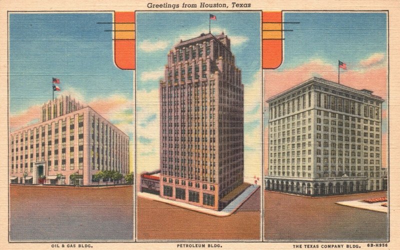 Vintage Postcard Greetings From Houston Texas Oil & Gas Petroleum Texas