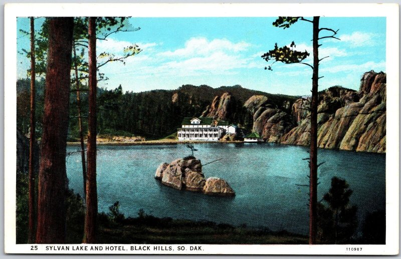 Sylvan Lake and Hotel Black Hills South Dakota SD Mountains in Back Postcard