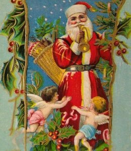 Santa Claus Father Christmas Postcard Cherub Angels Trumpet Gold Basket Gel 504