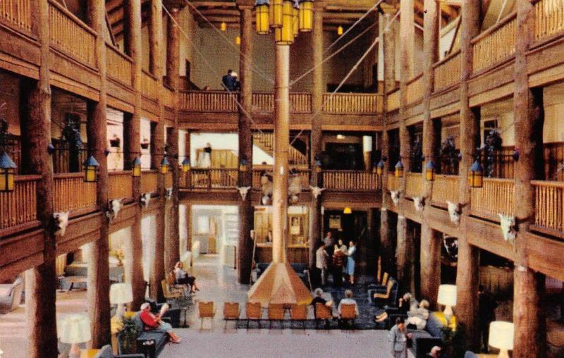 MT, Montana     MANY GLACIER HOTEL-Crowded Lobby Interior      Roadside Postcard 