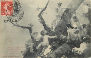 Art 1908 postcard France Nancy Morot detail children tree nymphs