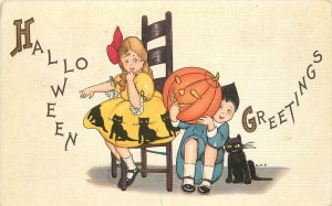 Stecher Halloween Postcard 400C, A/S M.E.P.  Children Black Cat & Jack o'Lantern