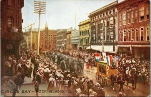 Postcard IL Rock Island Circus Day Elephants Walking on Street Crowd 1947 M20