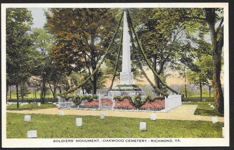 Soldiers Monument Oakwood Cemetery Richmond Virginia Unused c1920s