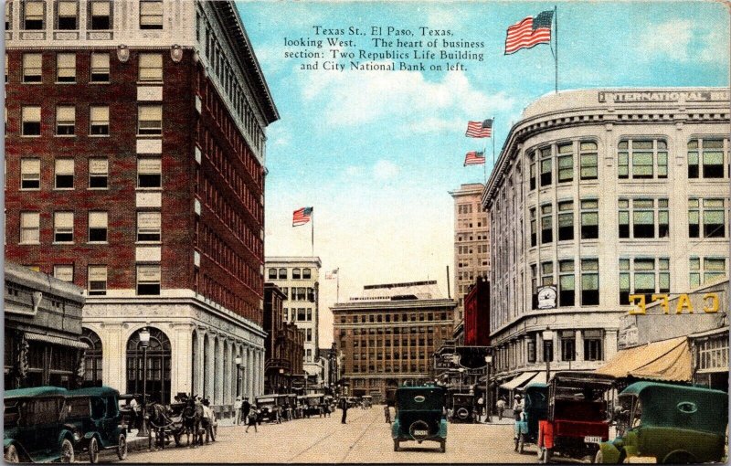 Postcard Texas Street, Looking West in El Paso, Texas