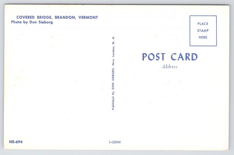 Bridge~Covered Bridge @ Brandon Vermont~Vintage Postcard