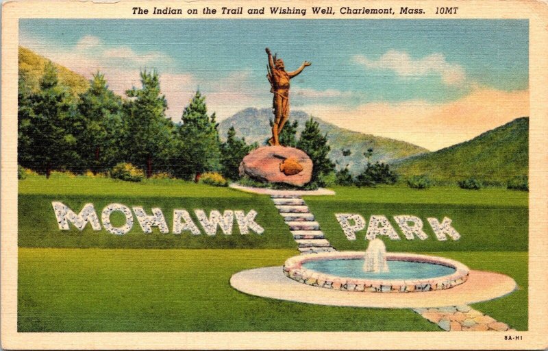 Indian Statue Wishing Well Mohawk Park Charlemont Mass Linen Cancel WOB Postcard 