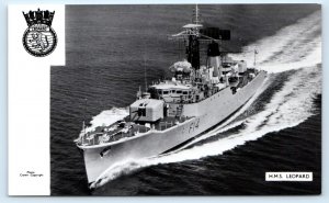RPPC  British Royal Navy Ship H.M.S. LEOPARD Frigate c1950s Badge Postcard