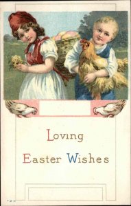 Easter Little Boy and Girl with Hen and Chicks c1910 Vintage Postcard