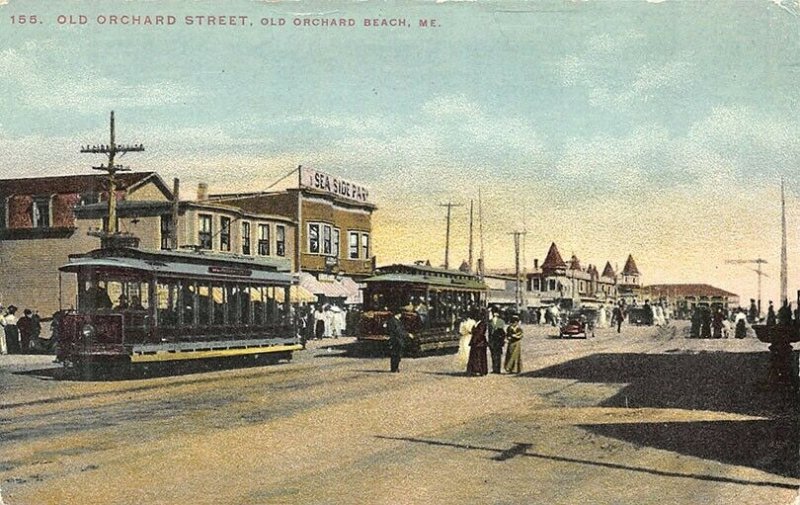 Old Orchard Beach ME Storefronts Trolley's  Sea Side Park Postcard