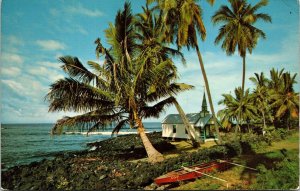 Kona Coastline Hawaii HI Big Island St Peters Church Palms VTG Postcard PM 8c  