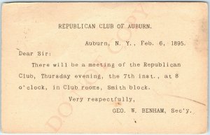 1895 Republican Club of Auburn, NY Postcard Invite Conservative Politics A48