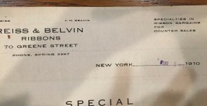 1910 REISS & BELVIN Satin Taffeta Ribbons NEW YORK New York  Letterhead