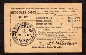 MA Hyde Park Lodge Knights of Honor No 437 Mass Massachusetts Postal Card 1897
