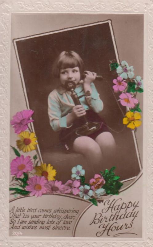 Child With Antique Telephone Happy Birthday Real Photo Old Postcard