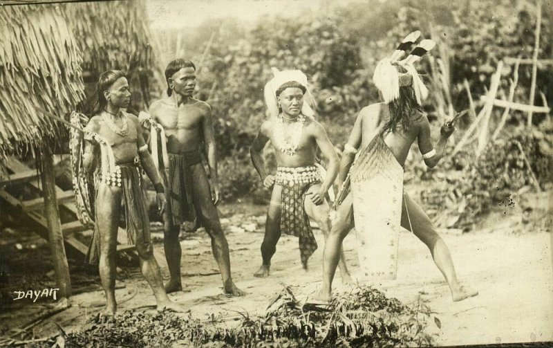 malay malaysia, BORNEO SARAWAK, Armed Native Dayak Warriors (1931) RPPC Postcard