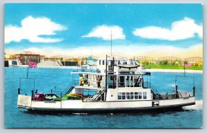 Transportation: Ship~Intl Ferry Agoming @ Soo Locks & Intl Bridge~Vtg Postcard