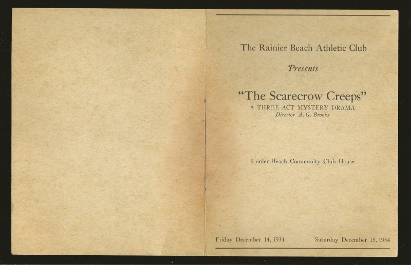 The Rainier Beach Athletic Club 1934 The Scarecrow Creeps Mystery Drama Program