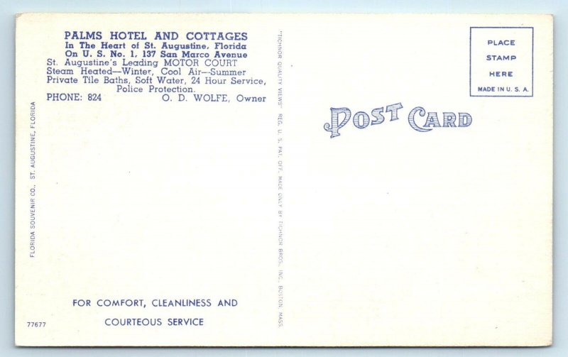 ST AUGUSTINE, FL Florida  PALMS HOTEL & COTTAGES c1940s  Roadside Linen Postcard